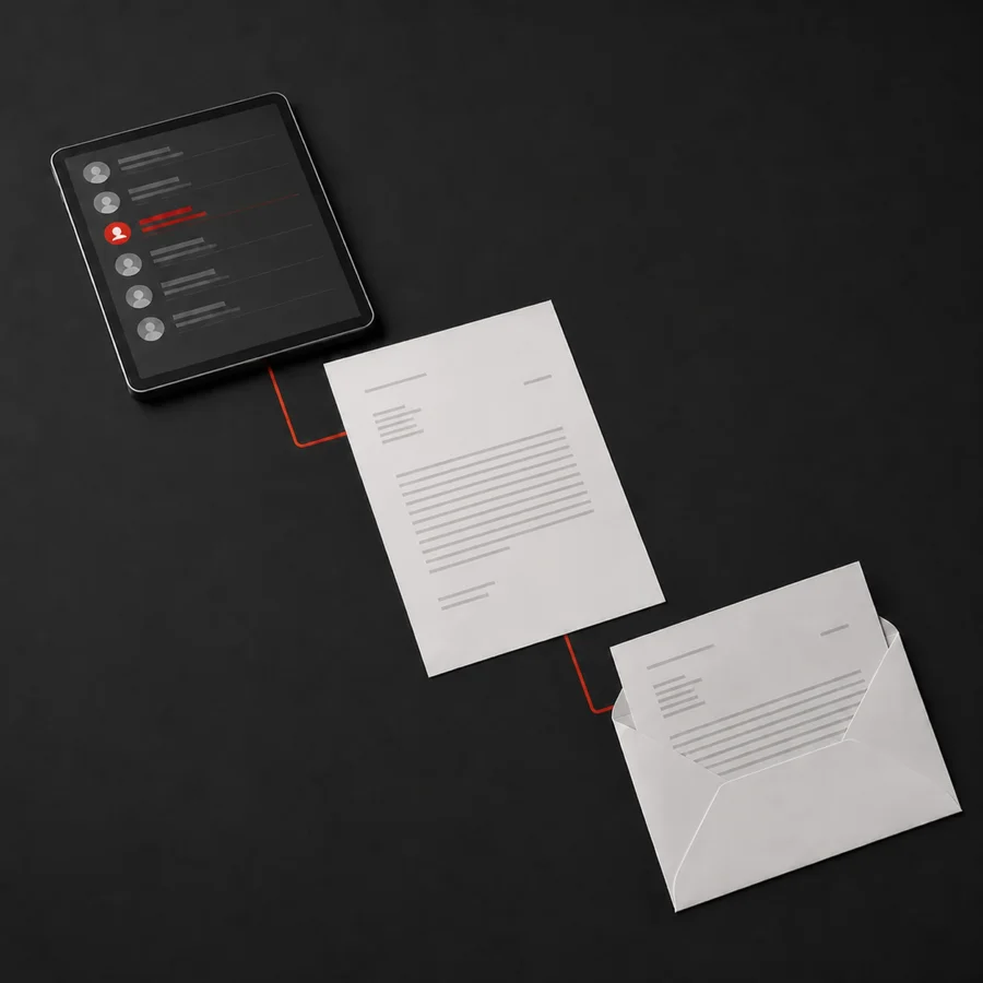 B2B-Datensatz, personalisierter Brief und offenes Couvert mit eingelegtem Brief